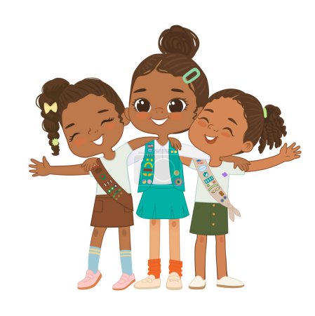 Fröhliche afroamerikanische Pfadfinderinnen im Alter von mehreren Jahren umarmen sich. Junior, Cadette, Brownie Girls Scout umarmen sich fröhlich und lächeln. Mädchen zusammen. Kadettinnen-Scout