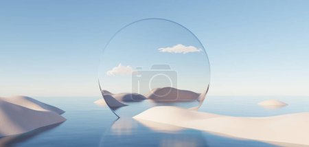 Abstract Dune cliff sand with metallic Arches and clean blue cloud sky. Surreal minimal Desert natural landscape background. Scene of Desert with glossy metallic arches geometric design. 3D Render.