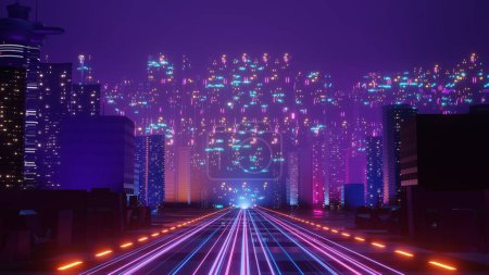 Photo for 3d render of Cyber punk night city landscape concept. Light glowing on dark scene.  Night life. Technology network for 5g. Beyond generation and futuristic of Sci-Fi Capital city and building scene. - Royalty Free Image