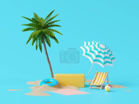 Foto de Concepto abstracto del fondo de la playa de las vacaciones de verano, podio realista mínimo de la exhibición para la maqueta o los cosméticos del producto con el tema del verano, paraguas de la playa, arena, sillas, anillo inflable. renderizado 3d - Imagen libre de derechos