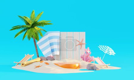 Téléchargez les photos : Concept de fond abstrait de plage de vacances d'été, Podium minimaliste d'affichage réaliste pour la maquette de produit ou les cosmétiques avec le thème d'été, parasol, sable, chaises, anneau gonflable. Rendu 3d - en image libre de droit
