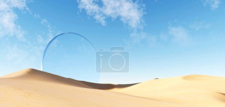 Téléchargez les photos : 3d rendu Surréaliste fond de paysage pastel avec des formes géométriques, abstraite dune fantastique désert dans un paysage d'assaisonnement avec des arches, panoramique, scène futuriste avec espace de copie, ciel bleu et nuageux - en image libre de droit
