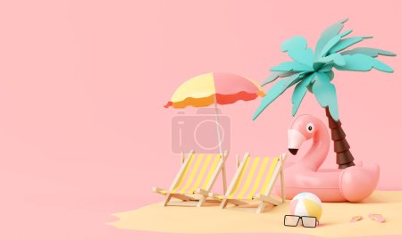 Téléchargez les photos : Plage de vacances rose d'été avec concept gonflable de fond d'anneau Flamingo, Podium réaliste minimal d'affichage pour la maquette de produit ou cosmétiques avec le thème rose d'été, anneau gonflable. Rendu 3d - en image libre de droit