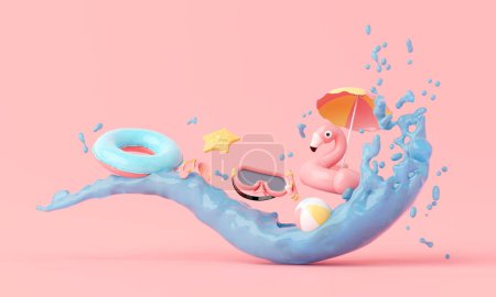 Foto de Playa de vacaciones de verano rosa con anillo inflable mínimo Flamingo y el concepto de fondo de elementos de verano, Plantilla de promoción de venta Modelo de producto o cosméticos con tema rosa de verano. renderizado 3d - Imagen libre de derechos