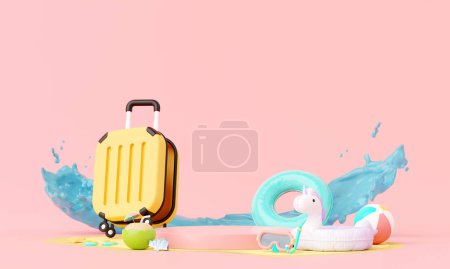 Téléchargez les photos : Plage de vacances rose d'été avec anneau gonflable licorne et valise concept de fond de bagage, podium minimal pour la maquette de produit ou cosmétiques avec le thème rose d'été, anneau gonflable. Rendu 3d - en image libre de droit