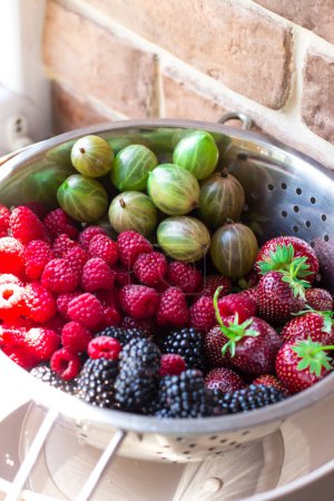 Photo for Summer berries in a colander: raspberries, strawberries, blackberries and gooseberries - Royalty Free Image