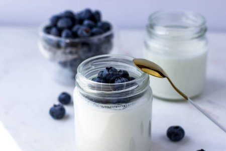 Hausgemachter Joghurt mit Blaubeeren. Joghurt in Gläsern auf weißem Hintergrund