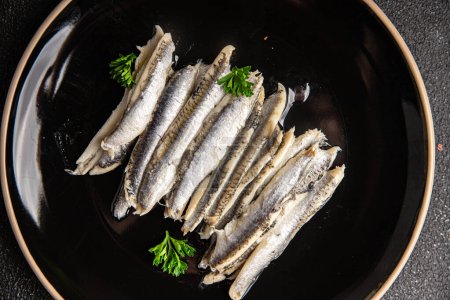 Sardellen Fischfilet Meeresfrüchte Mahlzeit Essen auf dem Tisch kopieren Raum Lebensmittel Hintergrund oben