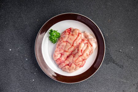 Téléchargez les photos : Cerveau de porc abats crus viande fraîche repas collation sur la table copier espace nourriture arrière-plan rustique vue du dessus - en image libre de droit