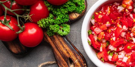 Photo for Tomato salsa spicy salad traditional food fresh meal food snack on the table copy space food background rustic top view - Royalty Free Image