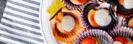 Foto de Sea scallops in shell fresh seafood fast food healthy meal food snack on the table copy space food background rustic top view pescatarian diet - Imagen libre de derechos
