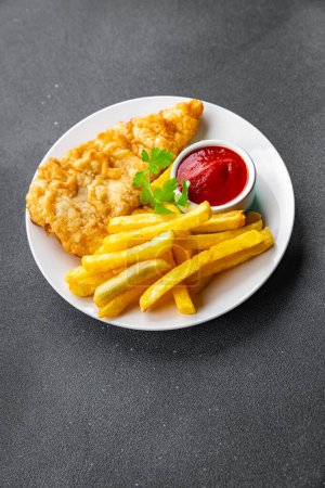 fish and chips french fries deep fried fast food takeaway healthy meal food snack on the table copy space food background rustic top view