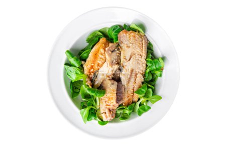ensalada de sardina fresca hojas verdes, aguacate, plato de verduras comida aperitivo en la mesa copiar espacio comida fondo rústico vista superior