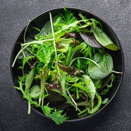salad mix green leaves mix micro green, juicy healthy snack food on the table copy space food background rustic top view