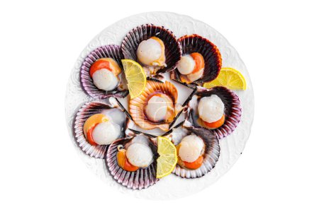 Foto de Fresco vieira cáscara mariscos comida snack en la mesa copiar espacio comida fondo rústico vista superior - Imagen libre de derechos