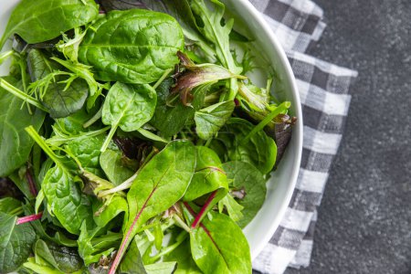 Téléchargez les photos : Feuilles de salade verte mélange mélange micro vert, collation saine sur la table copier l'espace nourriture fond rustique vue du dessus - en image libre de droit