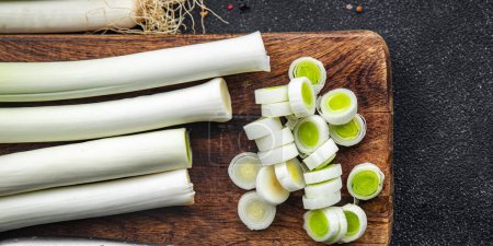 leeks cut fresh vegetable healthy meal food snack on the table copy space food background rustic top view 