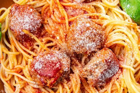 spaghetti meatballs tomato sauce pasta dish meal food snack on the table copy space food background rustic top view
