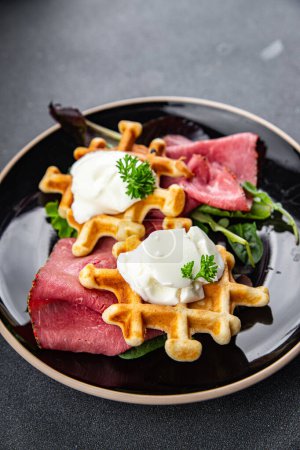 Photo for Waffles savory food meat pastrami meal food snack on the table copy space food background rustic top view - Royalty Free Image