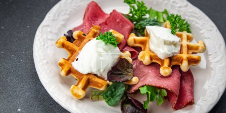 Photo for Waffles meat savory food pastrami meal food snack on the table copy space food background rustic top view - Royalty Free Image