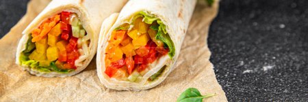 Photo for Tortilla vegetable burrito fajita shawarma with vegetables pita healthy meal food snack on the table copy space food background rustic top view - Royalty Free Image