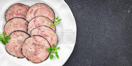 Photo for Meat sausage pork Andouille (pork stomach, pork neck, offal) ready to eat healthy meal food snack on the table copy space food background rustic top view - Royalty Free Image