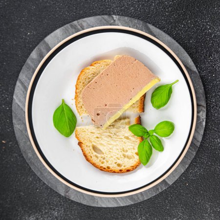 Pastete Entenmousse portioniert Scheibe Vorspeise Mahlzeit Snack auf dem Tisch kopieren Raum Lebensmittel Hintergrund rustikal Draufsicht
