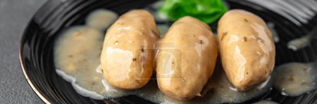 quenelles meat pork mushroom sauce eating cooking appetizer meal food snack on the table copy space food background rustic top view