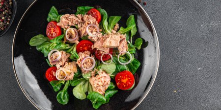 seafood salad tuna, tomato, green leaf lettuce, onion eating cooking appetizer meal food snack on the table copy space food background rustic top viewfood