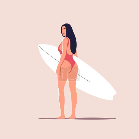 Ilustración de Vacaciones activas. Atractiva joven en traje de baño rojo está caminando con tabla de surf blanca en las manos. Ilustración vectorial. - Imagen libre de derechos