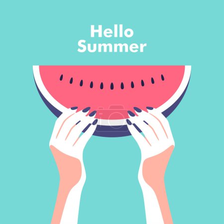 Photo for Ripe slice of watermelon in the hands of a woman. Summer party, vacation and travel concept. Vector flyer or poster design in minimalistic style. - Royalty Free Image