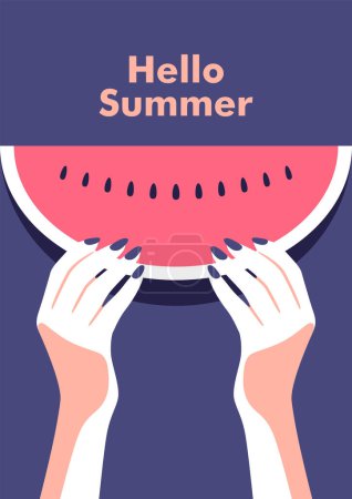 Photo for Ripe slice of watermelon in the hands of a woman. Summer party, vacation and travel concept. Vector flyer or poster design in minimalistic style. - Royalty Free Image