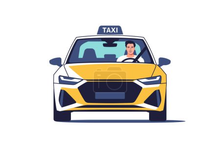 Ilustración de Taxi driver on a front seat. A front view of a taxi cab. Vector illustration. - Imagen libre de derechos