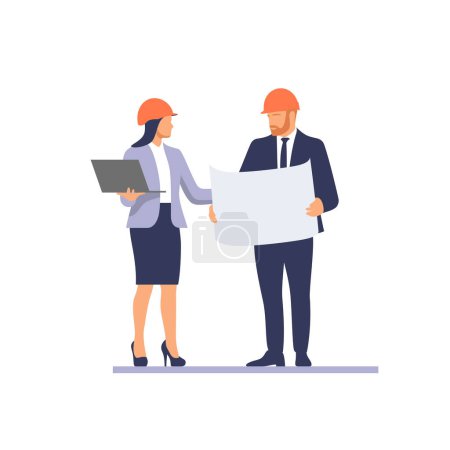 Illustration for Business team in protective helmets discussing construction project, architecture. Vector illustration. - Royalty Free Image