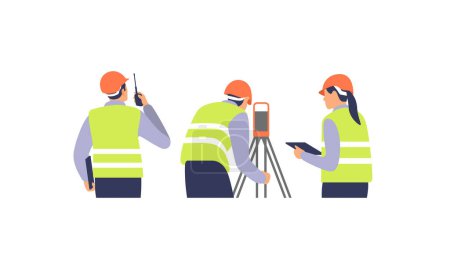 Photo for Surveyor engineers with equipment, theodolite or total positioning station on the construction site. Vector illustration. - Royalty Free Image