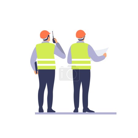 Téléchargez les illustrations : Engineers team in protective helmets and safety clothing discussing construction project. Vector illustration. - en licence libre de droit