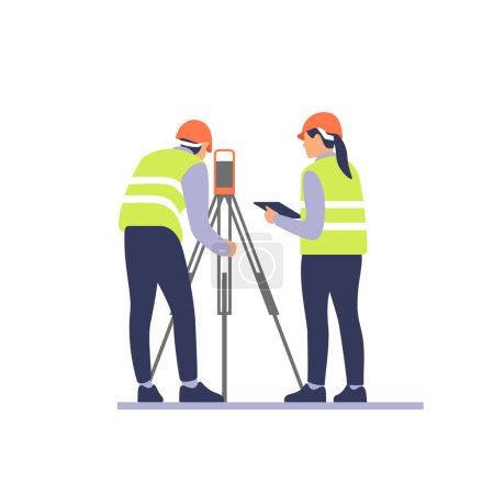 Photo for Surveyor engineers with equipment, theodolite or total positioning station on the construction site. Vector illustration. - Royalty Free Image