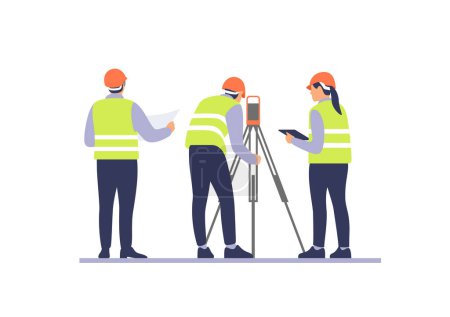 Illustration for Engineers with equipment on the construction site. Vector illustration. - Royalty Free Image