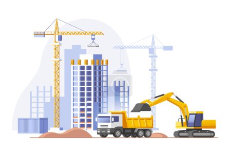 Téléchargez les illustrations : Construction site, building a house. Real estate business. Vector illustration. - en licence libre de droit