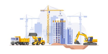 Construction site, building a house. Real estate business. Vector illustration.