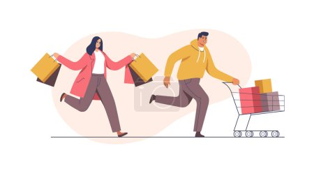Illustration for People with trolleys full of purchases and gifts. Mans and womans with packages. Buyers have fun doing shopping. Black Friday, seasonal sale, discount coupon. Vector illustration. - Royalty Free Image