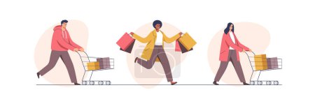 Photo for People with trolleys full of purchases and gifts. Mans and womans with packages. Buyers have fun doing shopping. Black Friday, seasonal sale, discount coupon. Vector illustration. - Royalty Free Image