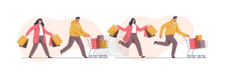 Photo for People with trolleys full of purchases and gifts. Mans and womans with packages. Buyers have fun doing shopping. Black Friday, seasonal sale, discount coupon. Vector illustration. - Royalty Free Image