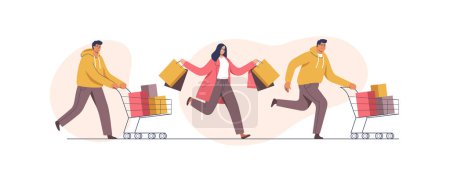 Illustration for People with trolleys full of purchases and gifts. Mans and womans with packages. Buyers have fun doing shopping. Black Friday, seasonal sale, discount coupon. Vector illustration. - Royalty Free Image