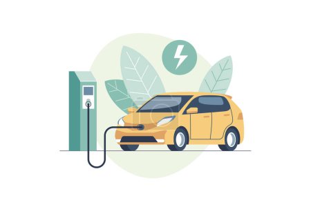 Photo for Concept of futuristic transport, green energy, eco city. Charging electric car battery at electric recharge station. New alternative energy Vehicle. Vector Illustration. - Royalty Free Image