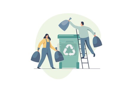 Illustration for Recycling concept. People collecting trash into recycling garbage bin. Can use for web banner, infographics. Vector illustration. - Royalty Free Image