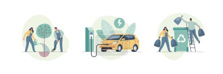 Téléchargez les illustrations : Environmental care concept. Waste pollution and recycling problem, nature care, green energy. Use clean green energy from renewable sources. Vector illustration. - en licence libre de droit