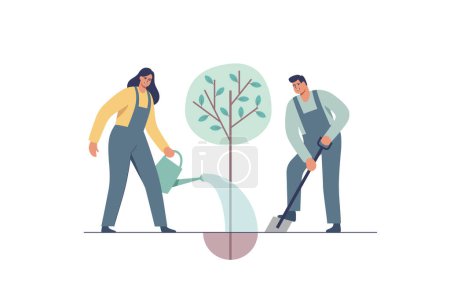 Photo for People plant and tend trees. Concept of collaboration and environment care. Save earth ecology. Vector illustration. - Royalty Free Image