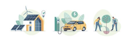 Téléchargez les illustrations : Environmental care and use clean green energy from renewable sources concept. Modern eco house with windmills and solar energy panels, electric car near charging station. Vector illustration. - en licence libre de droit