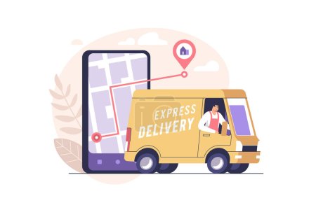 Photo for Order delivery service online. Smartphone with mobile app for shipment tracking and yellow van. Vector illustration. - Royalty Free Image